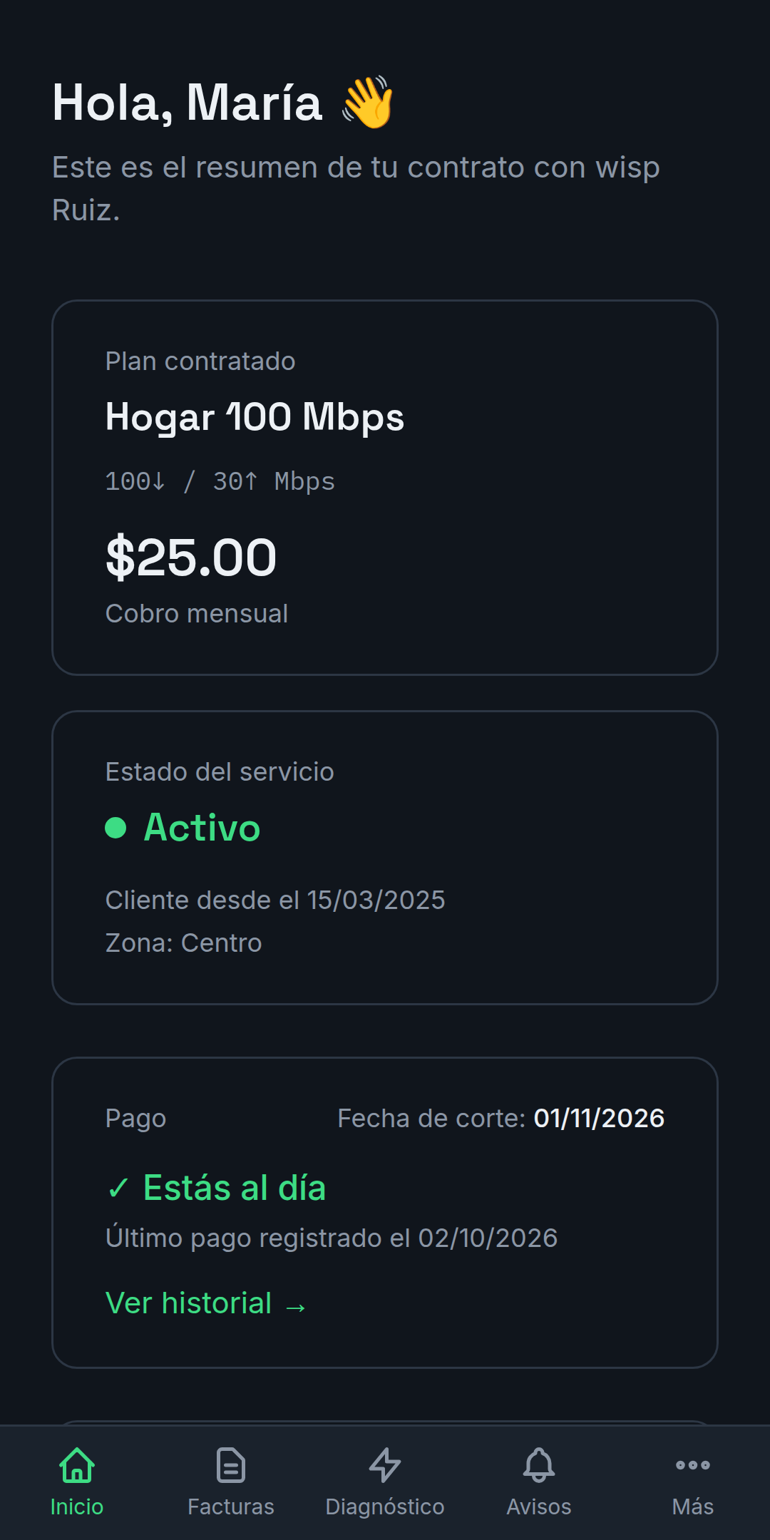 Interfaz móvil del portal del cliente